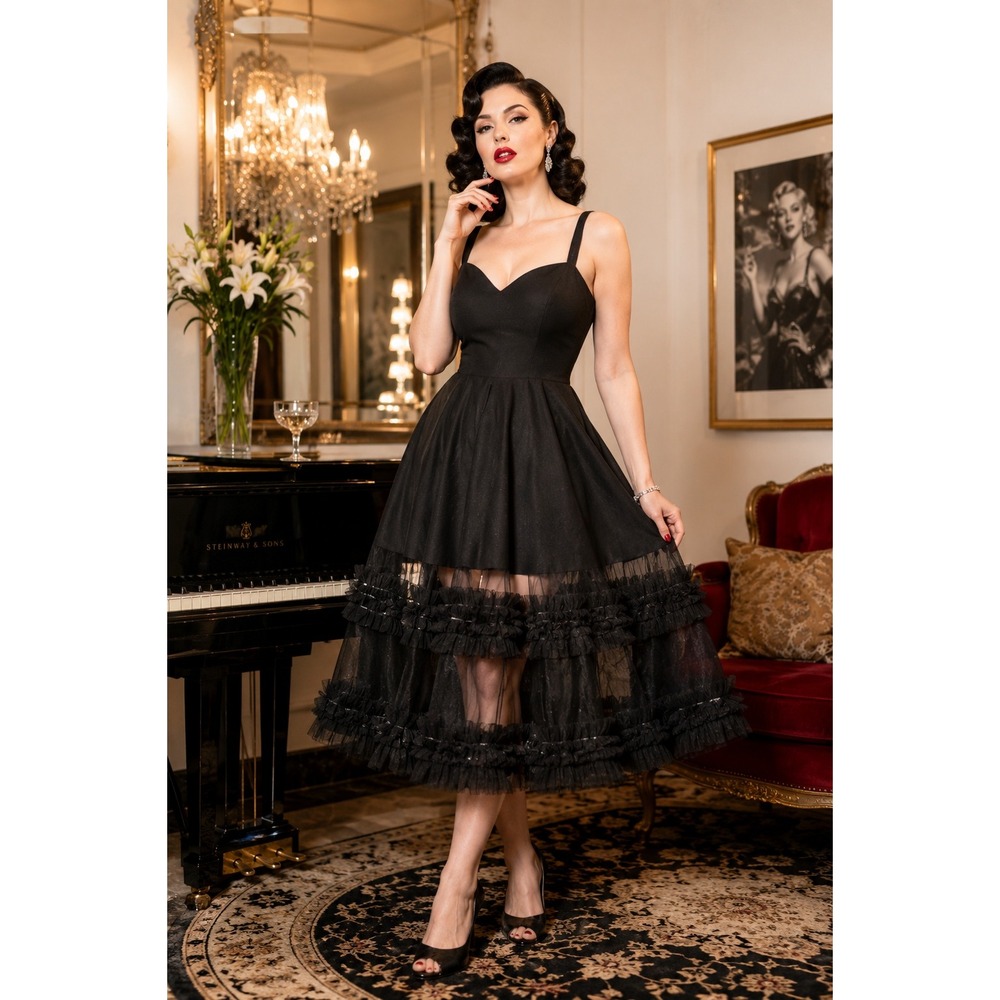 Hollywoodland Elle Rebel Tiffany Dress Women 3XL Black Tulle Ruffle Hem Pinup